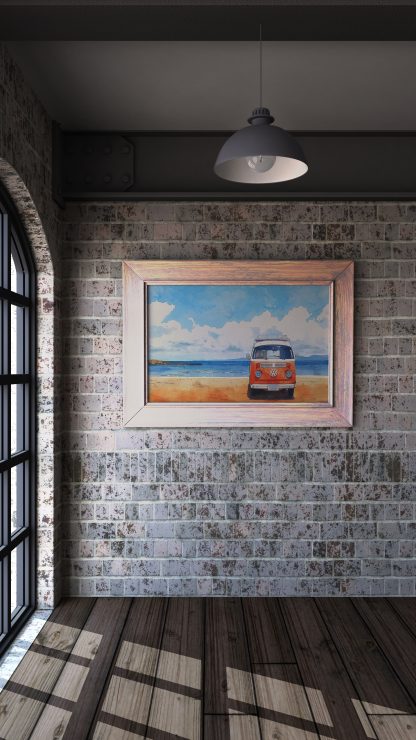 Orange VW Campervan at the Beach UNFRAMED PRINT Travel Art - Image 2