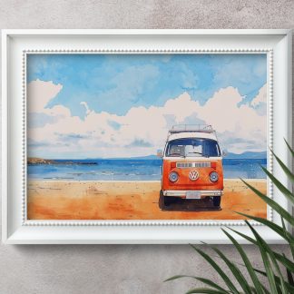 Orange VW Campervan at the Beach UNFRAMED PRINT Travel Art