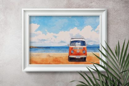 Orange VW Campervan at the Beach UNFRAMED PRINT Travel Art