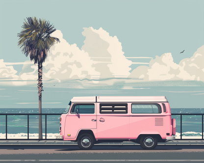 Pink VW Campervan at the Beach UNFRAMED PRINT Travel Art - Image 3