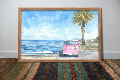 Pink and White VW Campervan at the Beach Watercolour UNFRAMED PRINT Travel Art Seaside Art - Image 2