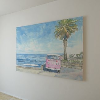 Pink and White VW Campervan at the Beach Watercolour UNFRAMED PRINT Travel Art Seaside Art