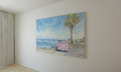 Pink and White VW Campervan at the Beach Watercolour UNFRAMED PRINT Travel Art Seaside Art