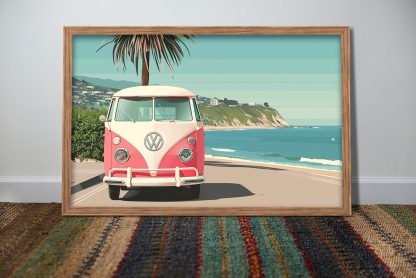 Pink and White VW Campervan at the Beach UNFRAMED PRINT Travel Art Seaside Art