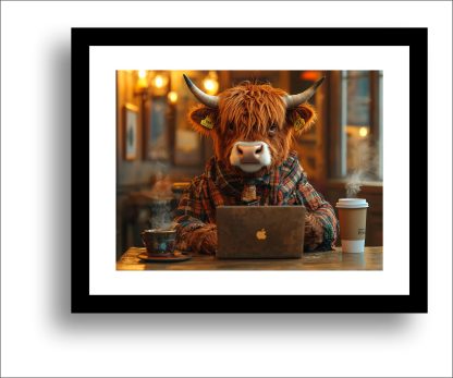 Highland Cow working from home UNFRAMED PRINT Humourous Scottish Art