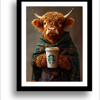 Highland Cow drinking take-away coffee UNFRAMED PRINT Humourous Scottish Art