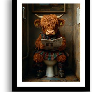 Highland Cow on the toilet UNFRAMED PRINT Humourous Scottish Art