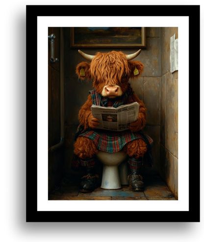 Highland Cow on the toilet UNFRAMED PRINT Humourous Scottish Art