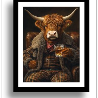 Highland Cow enjoying a Whisky UNFRAMED PRINT Humourous Scottish Art