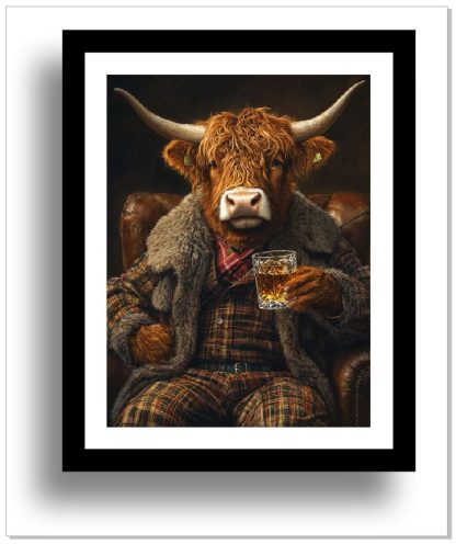 Highland Cow enjoying a Whisky UNFRAMED PRINT Humourous Scottish Art