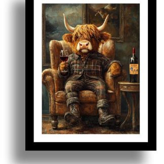 Highland Cow with a bottle of Buckfast UNFRAMED PRINT Humourous Scottish Art