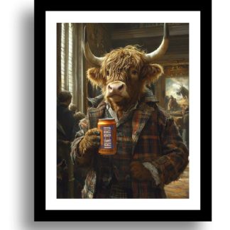 Highland cow drinking Irn-Bru funny Scottish wall art print