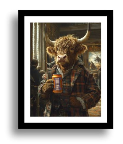 Highland cow drinking Irn-Bru funny Scottish wall art print
