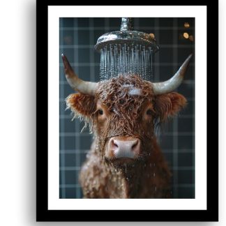 Highland Cow Having a shower UNFRAMED PRINT Humourous Scottish Art
