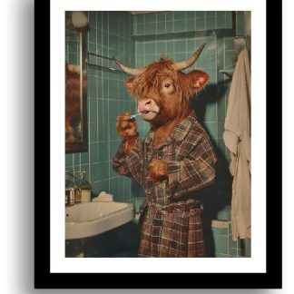 Highland Cow brushing his teeth UNFRAMED PRINT Humourous Scottish Art