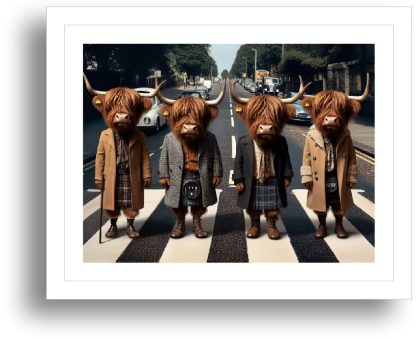 Highland Cows In The Beatles Abbey Road style UNFRAMED PRINT Humourous Scottish Art