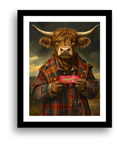 Highland Cow with a pack of Tunnocks Caramel Logs UNFRAMED PRINT Humourous Scottish Art