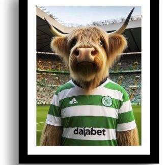 Highland Cow wearing a Glasgow Celtic Football Strip UNFRAMED PRINT Humourous Scottish Art