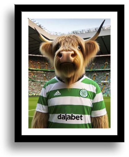 Highland Cow wearing a Glasgow Celtic Football Strip UNFRAMED PRINT Humourous Scottish Art