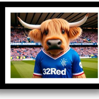 Highland Cow wearing a Glasgow Rangers Football Strip UNFRAMED PRINT Humourous Scottish Art