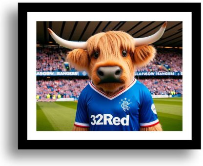 Highland Cow wearing a Glasgow Rangers Football Strip UNFRAMED PRINT Humourous Scottish Art