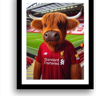 Highland Cow wearing a Liverpool FC Football Strip UNFRAMED PRINT Humourous Scottish Art