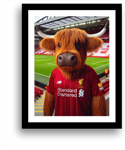 Highland Cow wearing a Liverpool FC Football Strip UNFRAMED PRINT Humourous Scottish Art