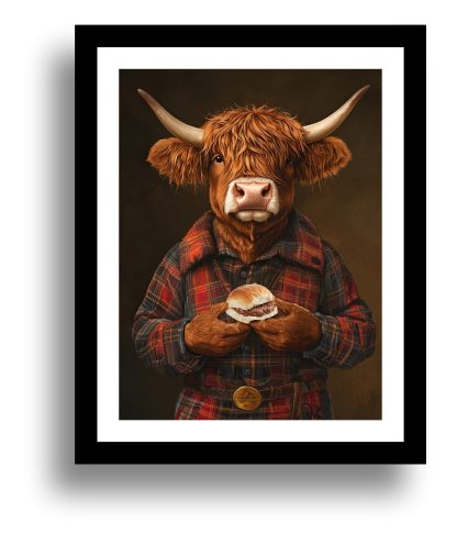 Highland Cow with a Roll and Sausage UNFRAMED PRINT Humourous Scottish Art