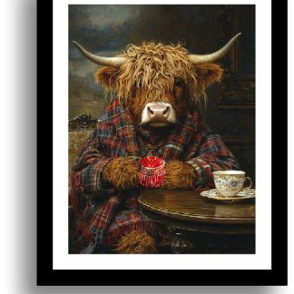Highland Cow with a Tunnocks Tea Cake UNFRAMED PRINT Humourous Scottish Art