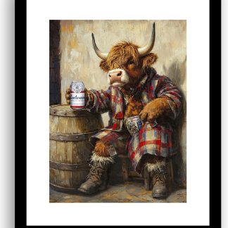 Highland Cow with a hangover drinking Budweiser UNFRAMED PRINT Humourous Scottish Art