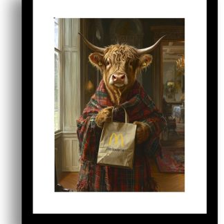 Highland Cow with a McDonalds take away UNFRAMED PRINT Humourous Scottish Art