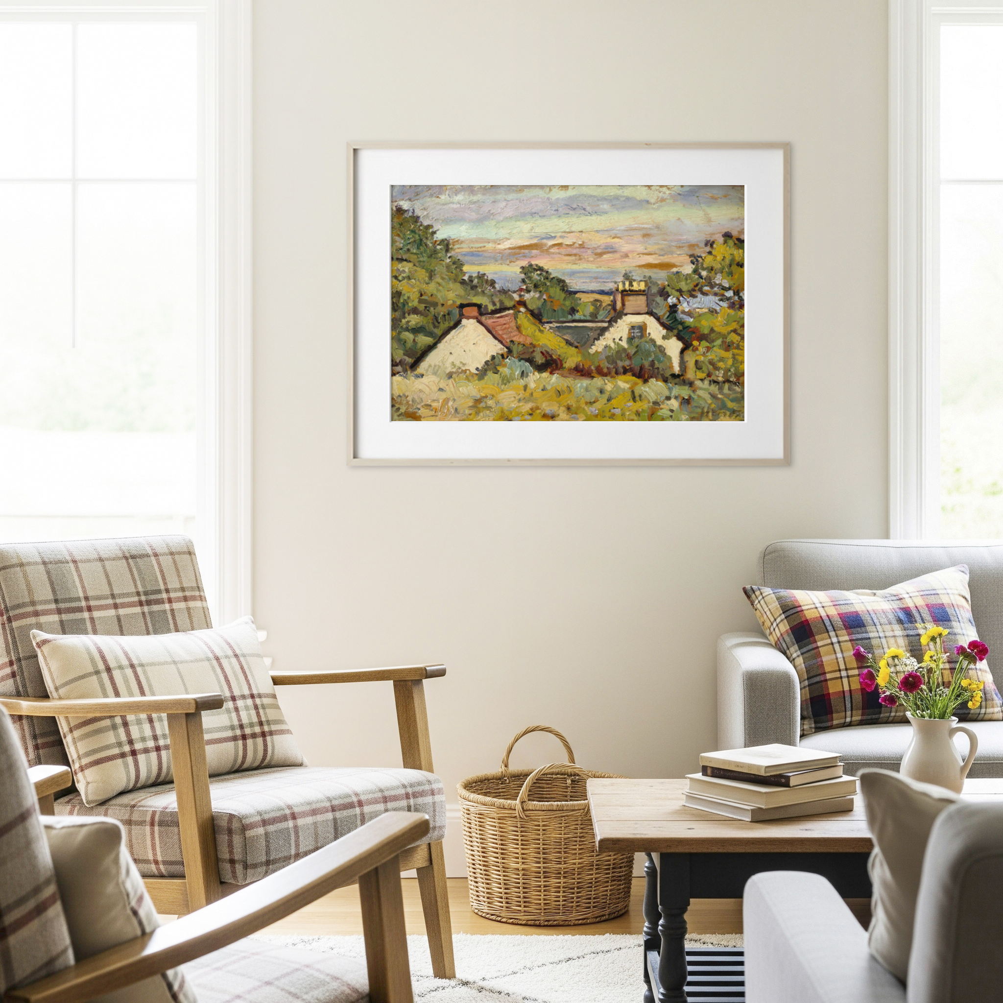 Cottages, Fife by George Leslie Hunter – Scottish Colourist painting of rural cottages under a golden evening sky.