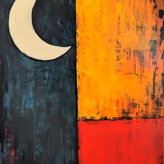 Modern abstract wall art print featuring a crescent moon on a dark blue background beside fiery orange and red blocks of colour