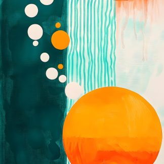 Modern abstract wall art print featuring warm orange circles, teal lines, and soft painterly textures for a balanced, contemporary look.