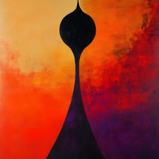 Abstract modern art print showing a sleek black silhouette against a warm red, orange and violet gradient background.