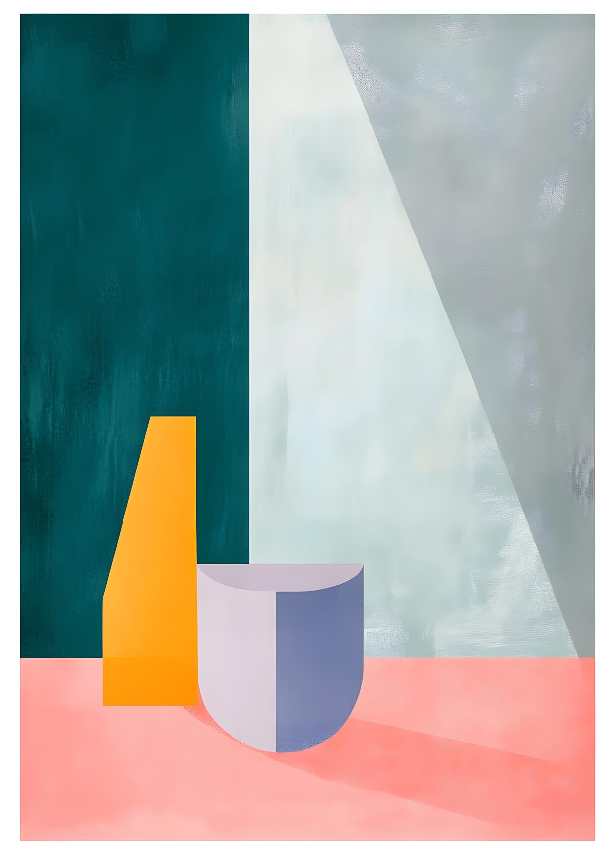 Abstract modern art print with geometric yellow and lavender shapes against a teal, grey, and pink color block background with sunlight and shadow.