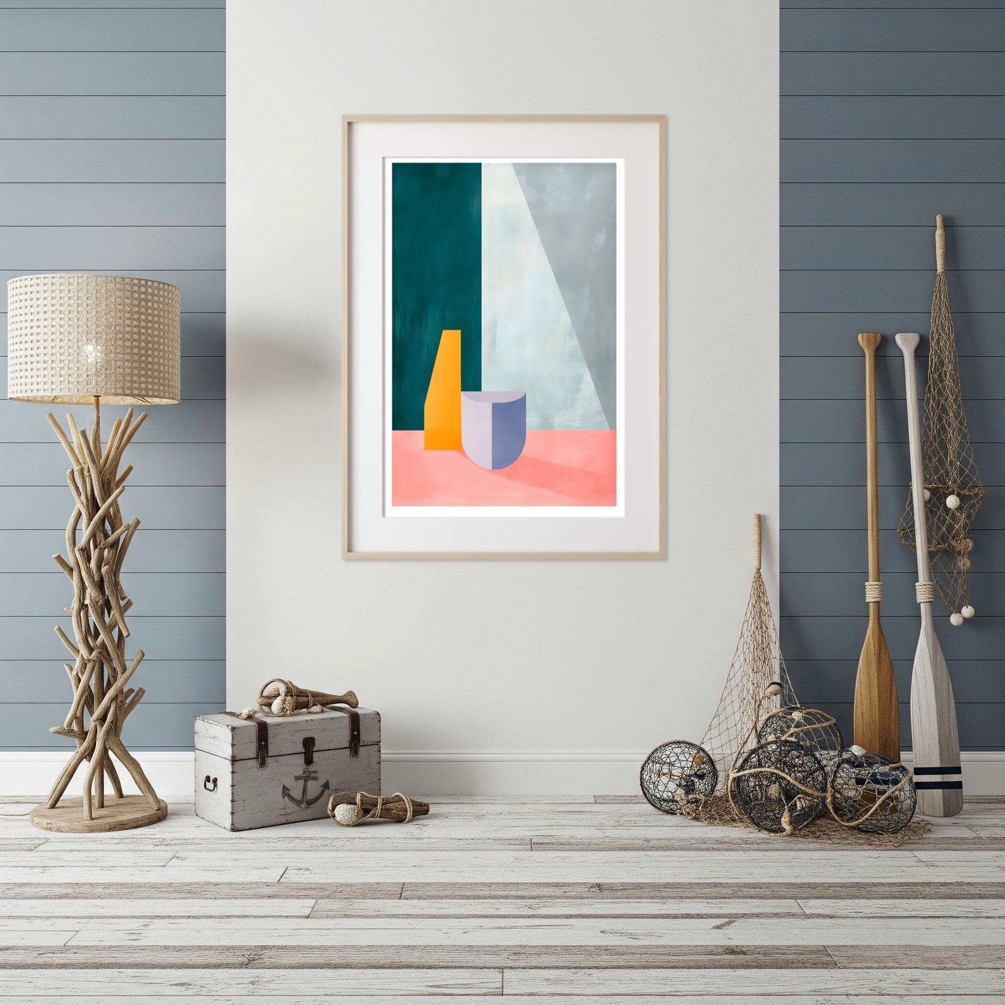 Abstract modern art print with geometric yellow and lavender shapes against a teal, grey, and pink color block background with sunlight and shadow.