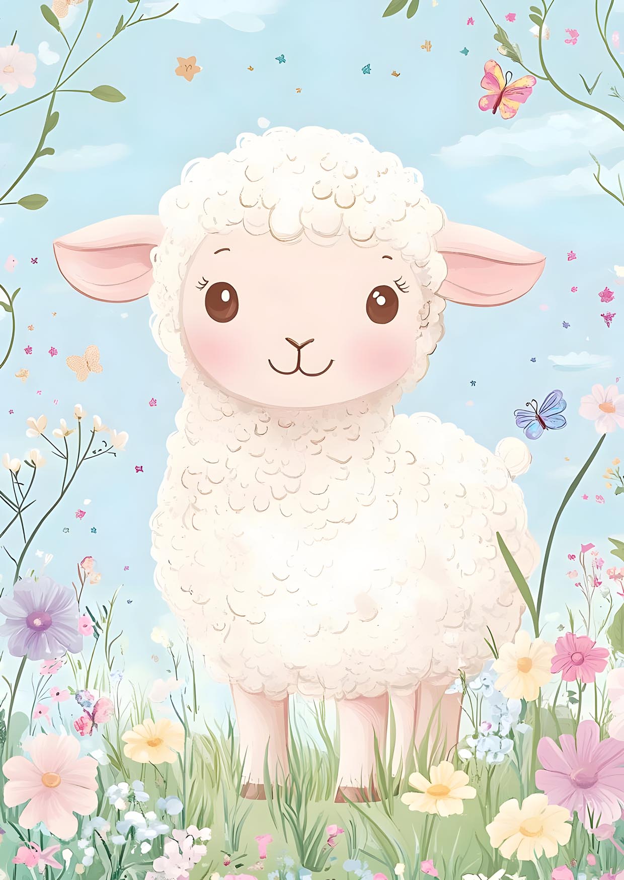 Cute lamb nursery print featuring a fluffy white lamb surrounded by wildflowers, butterflies, and a blue sky in soft pastel tones.