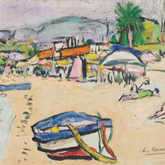 On the Beach, South of France by George Leslie Hunter – Scottish Colourist painting of a lively Riviera beach with boats, parasols, and vivid colours.