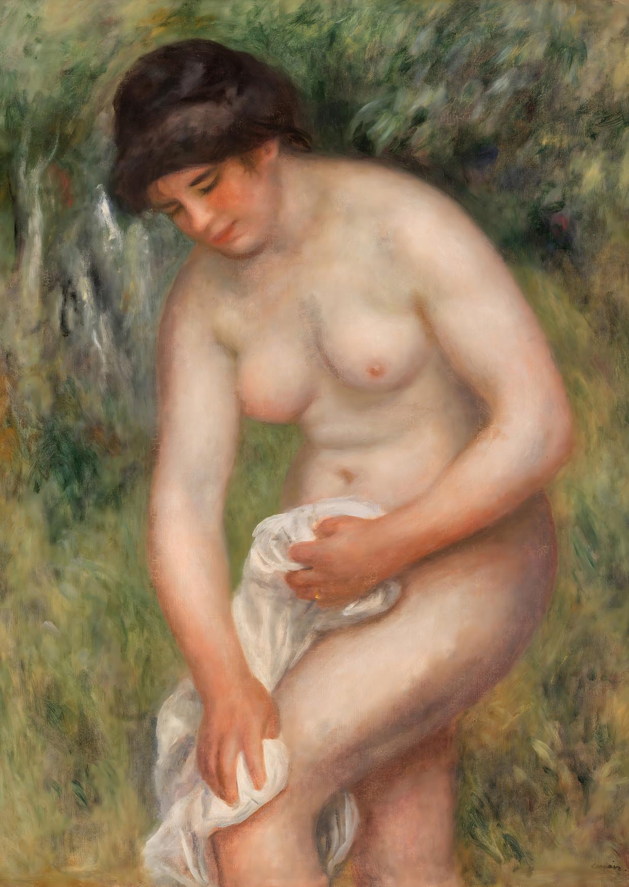 Renoir painting of a nude woman drying herself with a white cloth outdoors, rendered in soft Impressionist brushstrokes and warm natural colours.