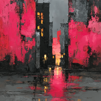 Urban abstract giclée print featuring bold red and grey city buildings reflected on wet streets with glowing lights.