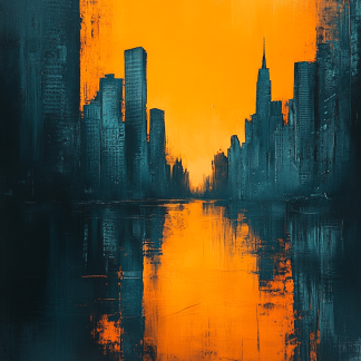 Cinematic urban abstract giclée print of a glowing amber skyline reflected in deep teal shadows, evoking a modern city at sunset.