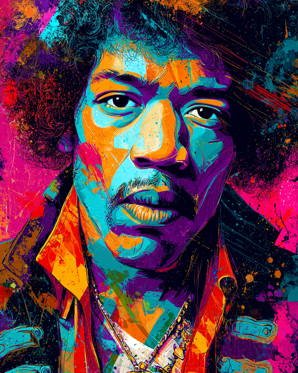 Psychedelic giclée pop art portrait of Jimi Hendrix in electric blue, magenta, and orange tones with abstract painterly effects and vibrant texture.