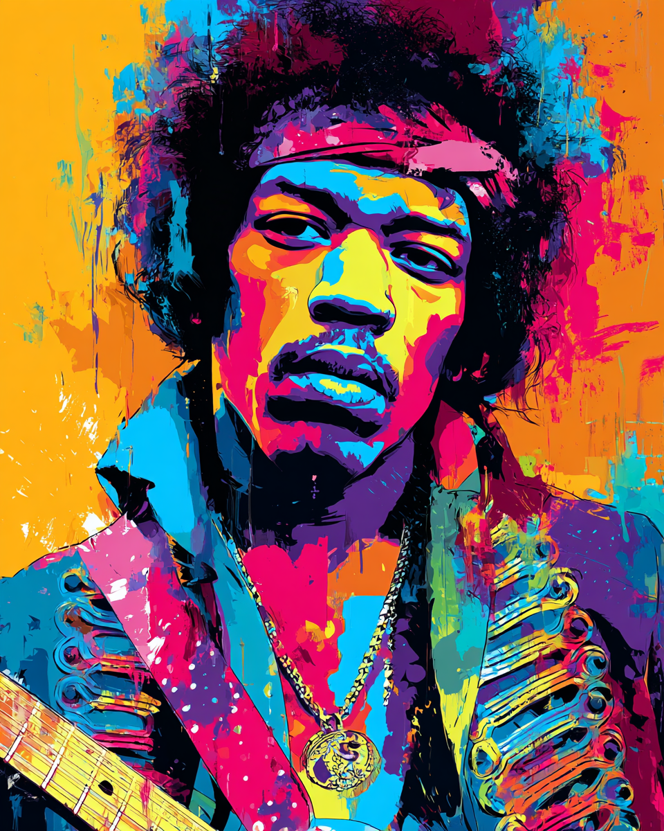 Vibrant psychedelic giclée print of Jimi Hendrix in vivid pink, orange, and blue tones with abstract painterly detail and electric pop art energy.
