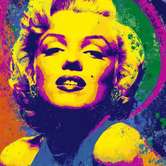 Giclée pop art print of Marilyn Monroe in radiant yellow and purple tones with confident Hollywood expression.