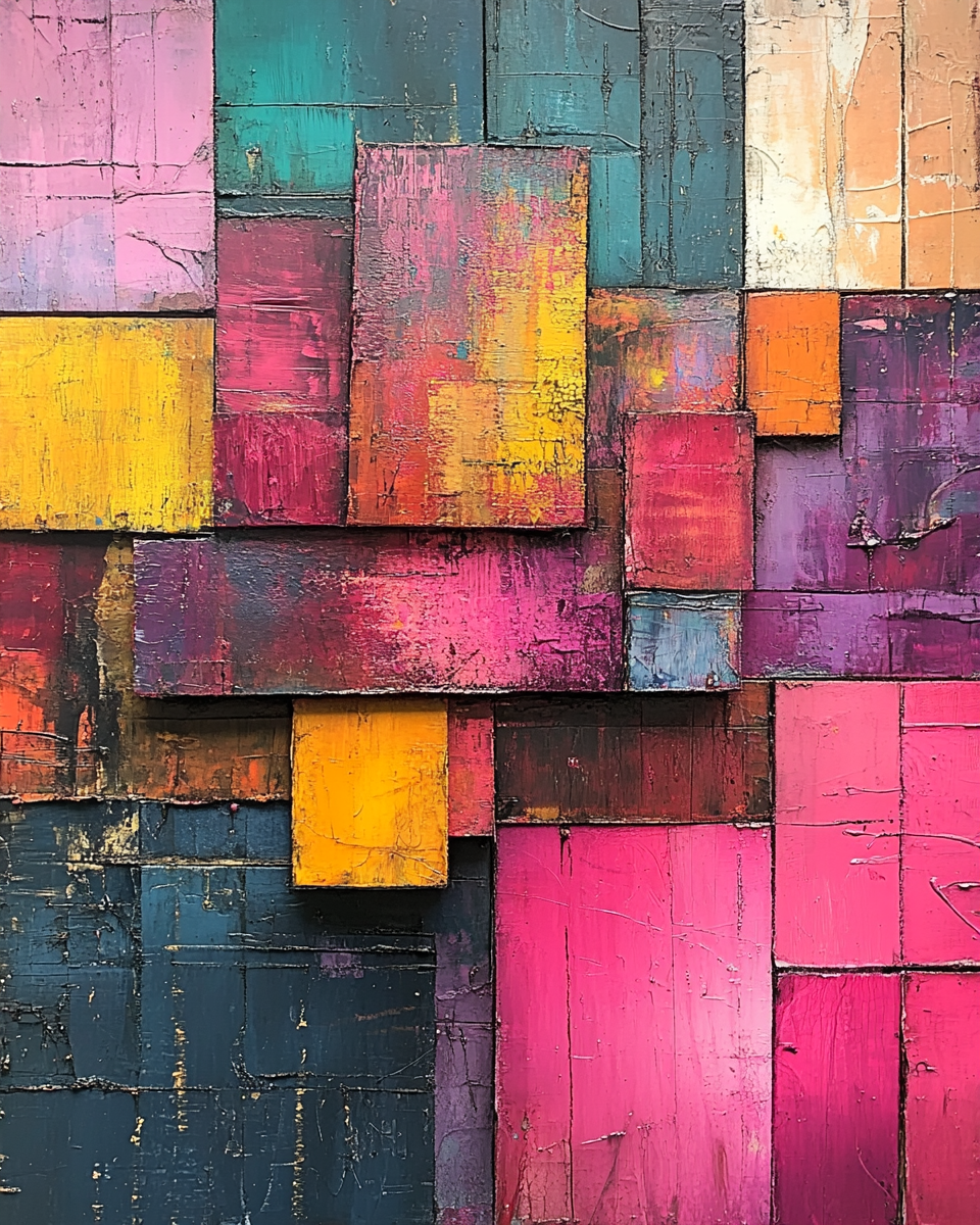 Urban abstract artwork with layered textured blocks in magenta, teal, yellow, orange, purple, and navy creating a bold geometric composition.
