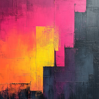Abstract urban wall art with vibrant pink, orange, and yellow blocks rising over dark textured shapes.