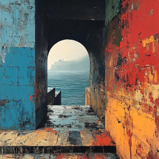 Urban abstract artwork showing a textured archway painted in turquoise and red, opening onto a misty seascape.