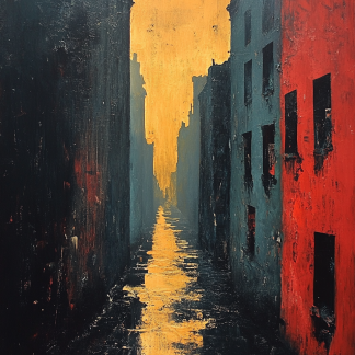 Urban abstract painting of a dark alley with glowing golden light reflecting on a wet street and distressed red and black buildings.
