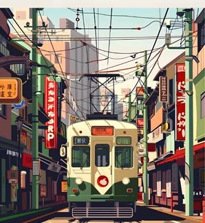 Vintage travel-style illustration of Osaka with a green streetcar, colourful signage, power lines, and lively street buildings.